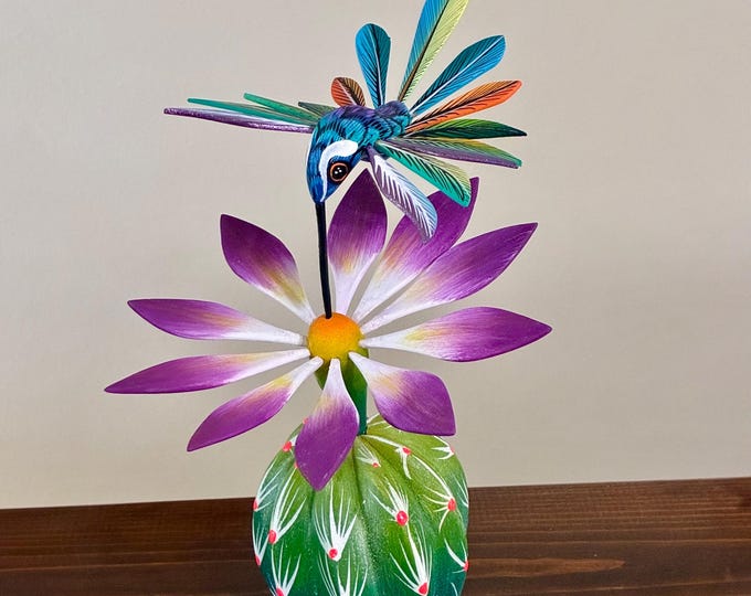 Handcrafted Alebrije Flowering Cactus with Hummingbird Woodcarving from Oaxaca, Mexico