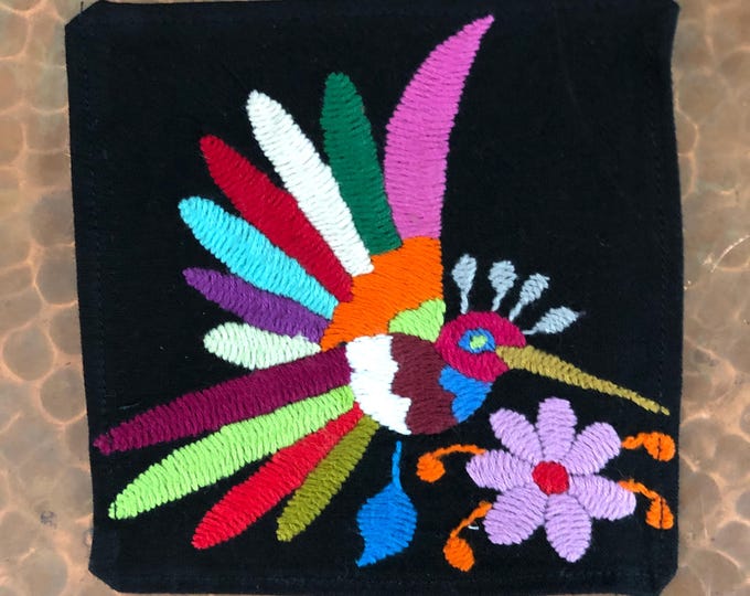 Otomi hand embroidered muslin coaster/cocktail napkin/frame-able art with multicolor bird design approx.  (4.5” x 4.5”)