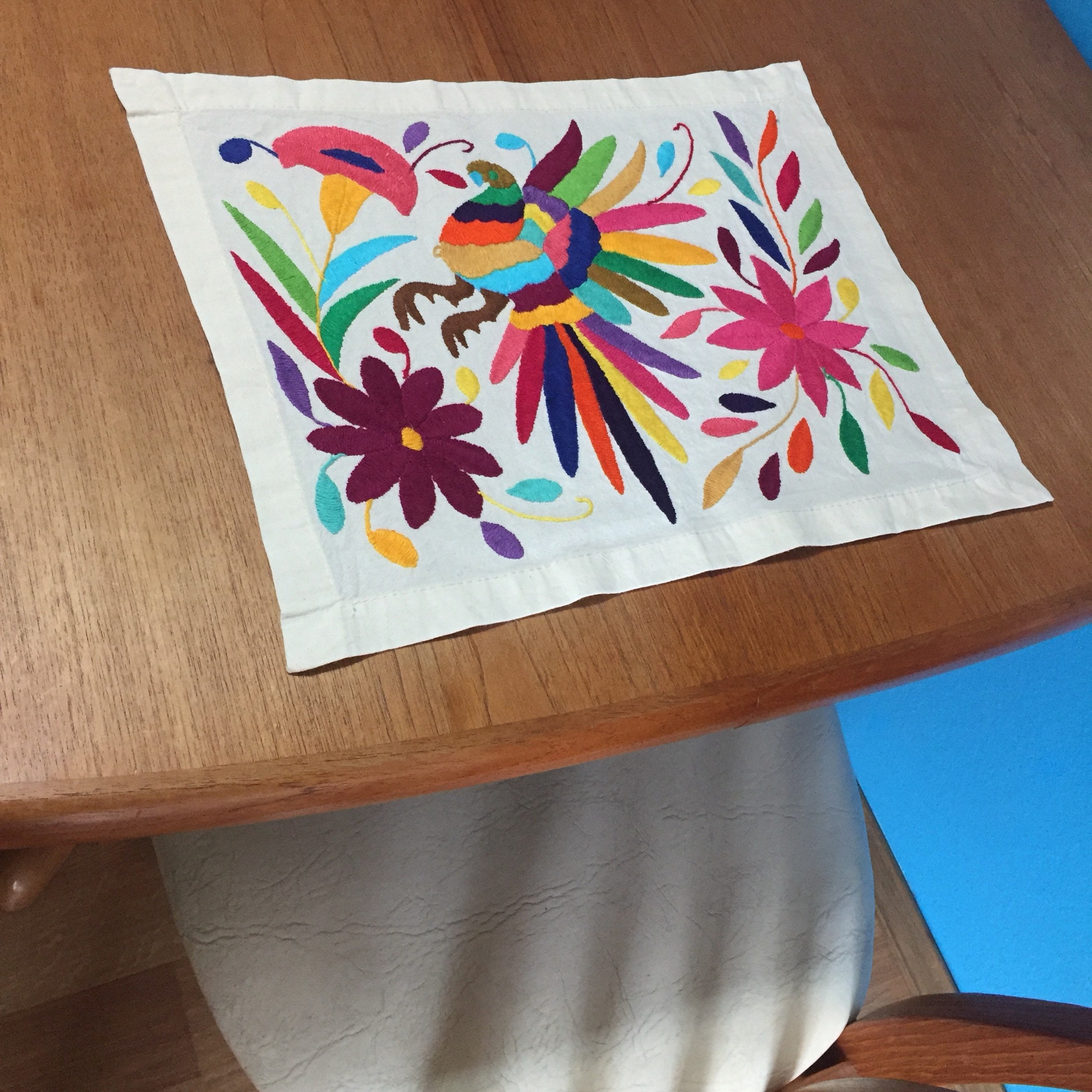 Hand embroidered Otomí placemat (approx. 17 x 13) multicolor bird and