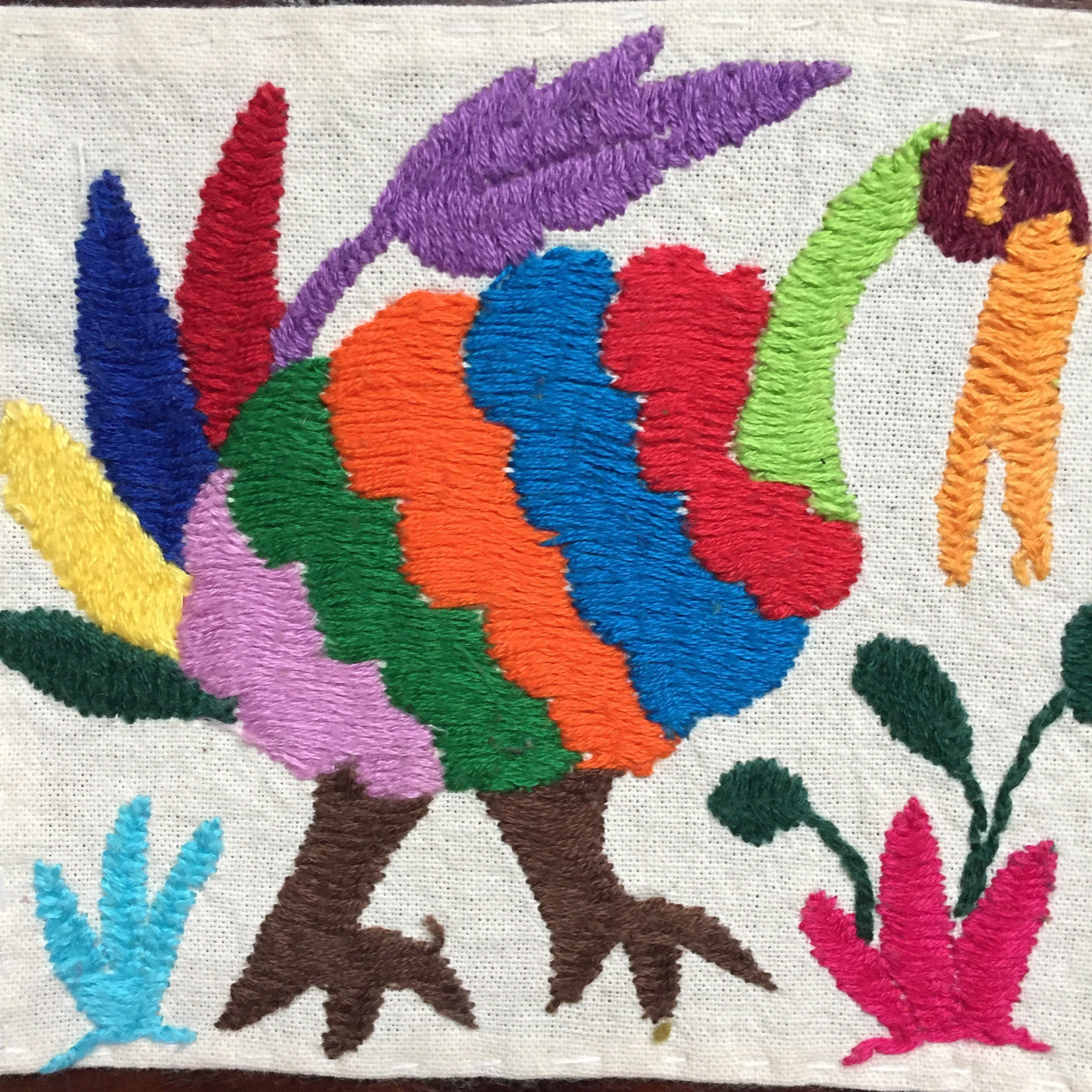 Otomi hand embroidered muslin coaster/cocktail napkin / frameable art set of two with bird