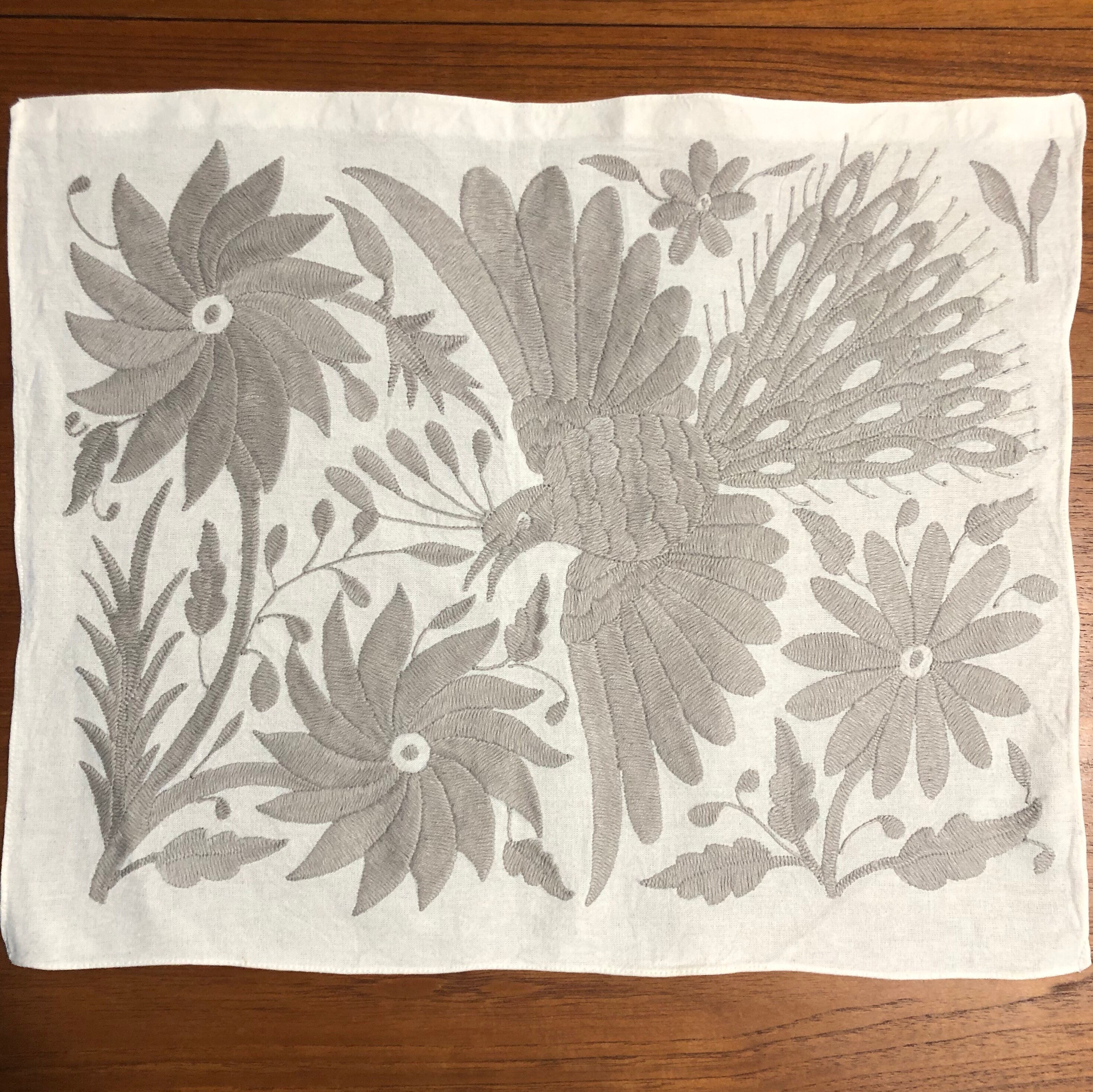 Hand embroidered Otomí placemat /frameable art with gray embroidery