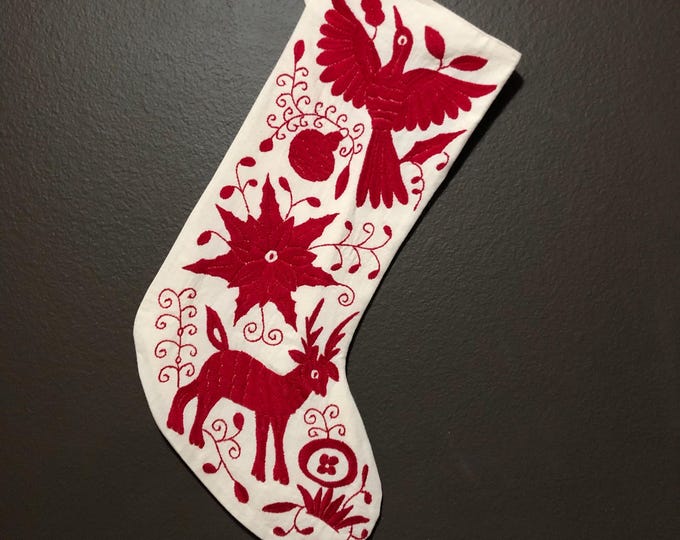 Hand Embroidered Otomi Christmas Stocking: Red Embroidery, Mexican Folk Art