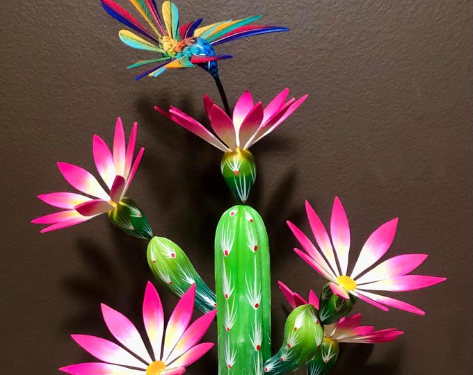 Large Alebrije Flowering Cactus with Hummingbird Woodcarving from Oaxaca, Mexico