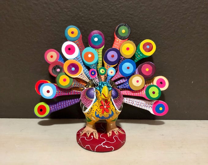 Alebrije Peacock Handcrafted Wood Carving by Zeny Fuentes and Reyna Piña from Oaxaca, Mexico.