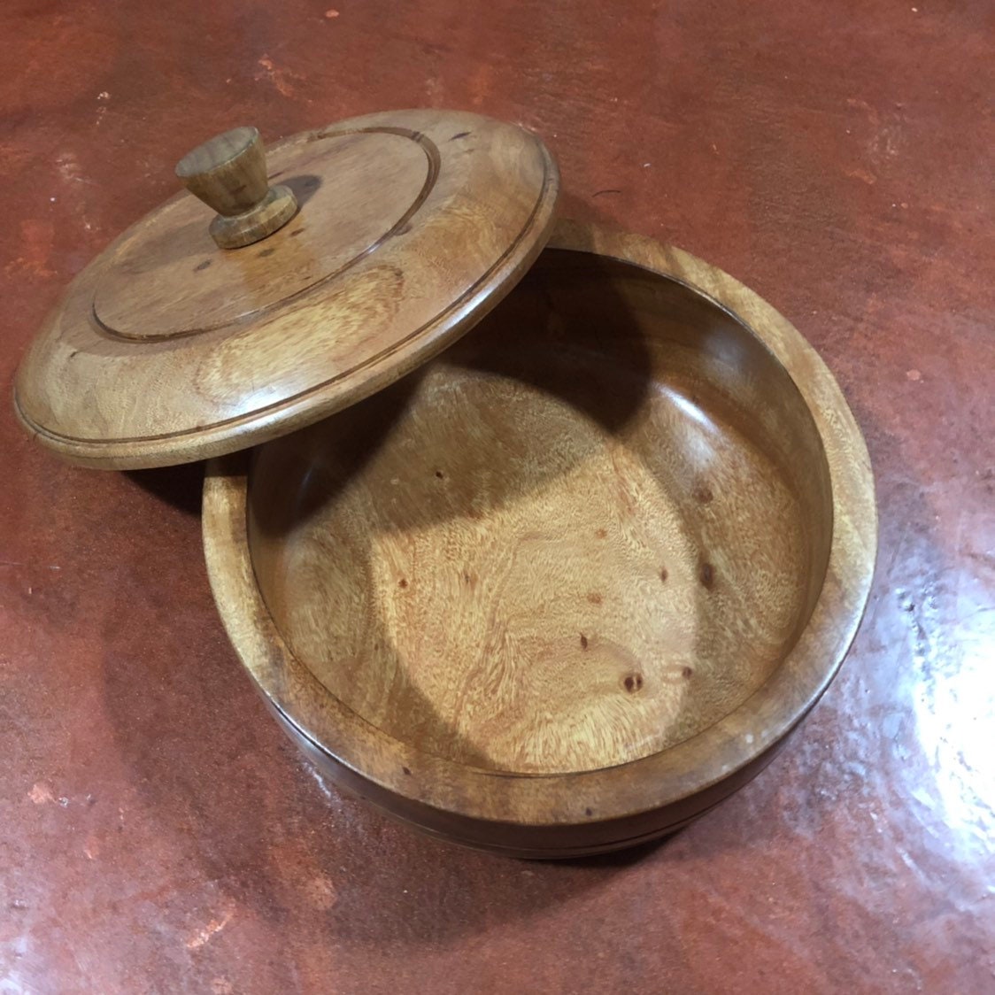 Hand carved wood serving bowl with lid made of Guamuchil wood from Mexico