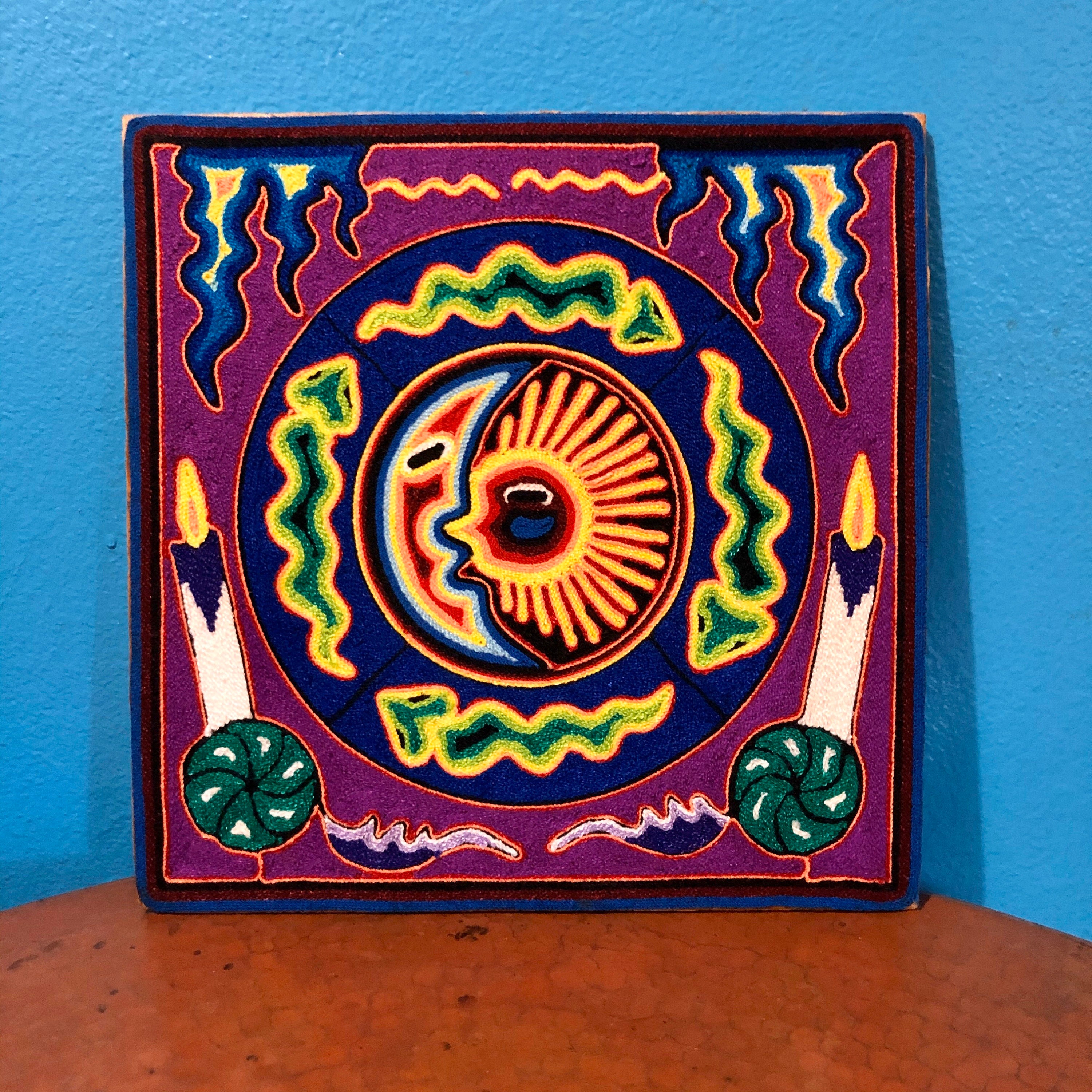 Huichol Art 12″ Yarn Painting Moon and Flower – coRa mexico