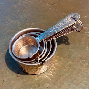 Handcrafted Hammered Pure Copper 5-Piece Measuring Cup Set with Hand Engraved Measurements