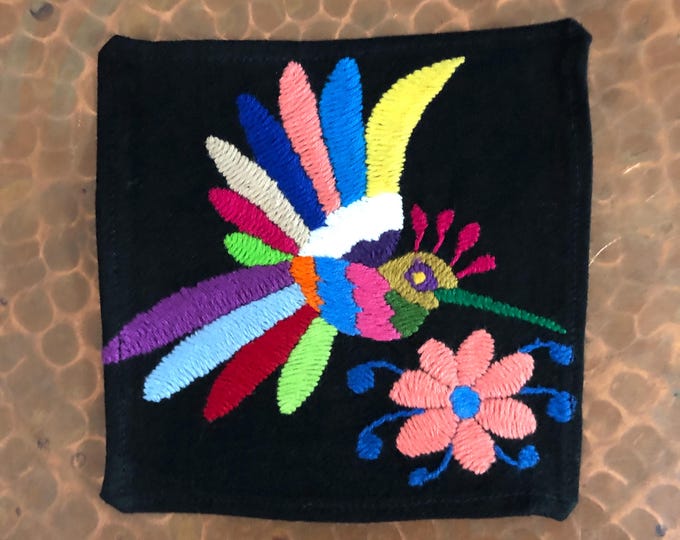 Otomi hand embroidered muslin coaster/cocktail napkin/frame-able art with multicolor bird design approx.  (4.5” x 4.5”)