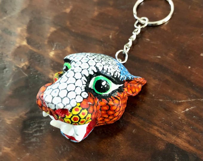 Alebrije Alebrije Jaguar Head Keychain  Handcrafted Wood Carving by Esperanza Martinez from Oaxaca, Mexico.