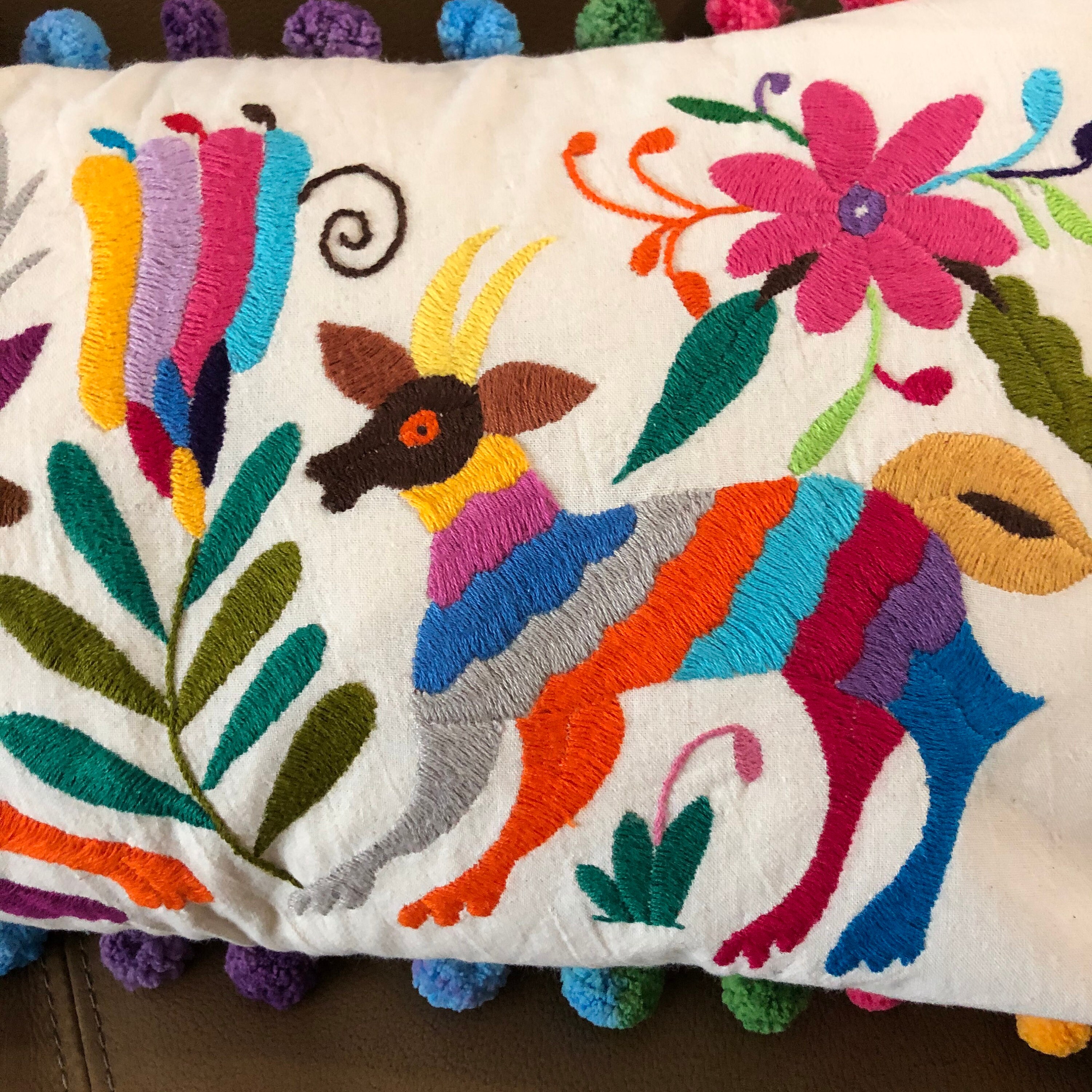 Otomi hand embroidered decorative pillow with birds, bees and flowers