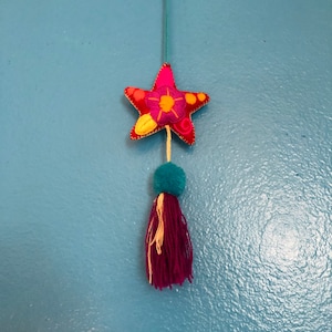 Hand Sewn Wool Felt Hanging Star Ornament with Cotton Embroidery