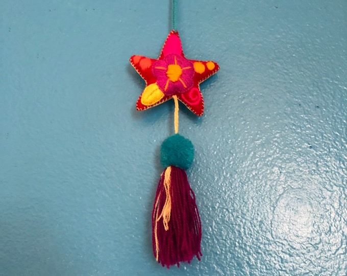 Hand Sewn Wool Felt Hanging Star Ornament with Cotton Embroidery