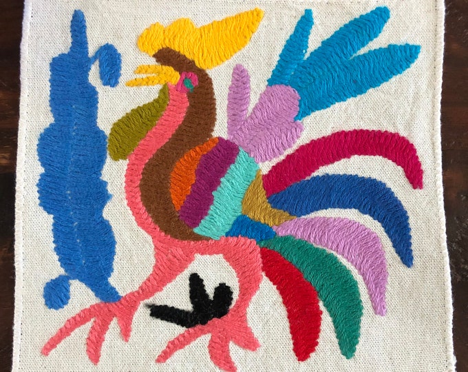 Otomi hand embroidered muslin coaster/cocktail napkin/frame-able art with multicolor bird and flower design (5” x 5”)