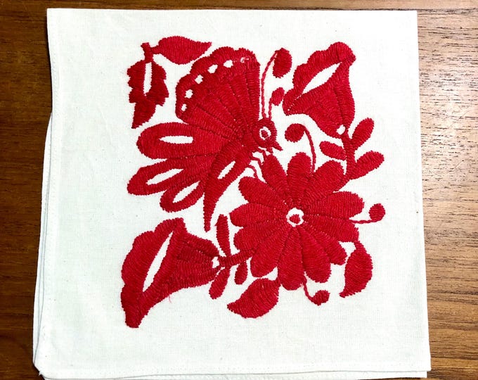 Otomi hand embroidered approx. 17” x 17" muslin napkin - with red butterfly