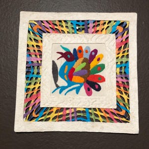 Handmade Amate Paper Wall Art with Otomi Embroidery from Mexico (8.75” x 8.75”)