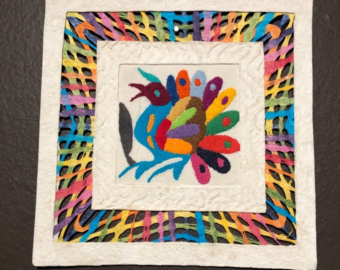 Handmade Amate Paper Wall Art with Otomi Embroidery from Mexico (8.75” x 8.75”)