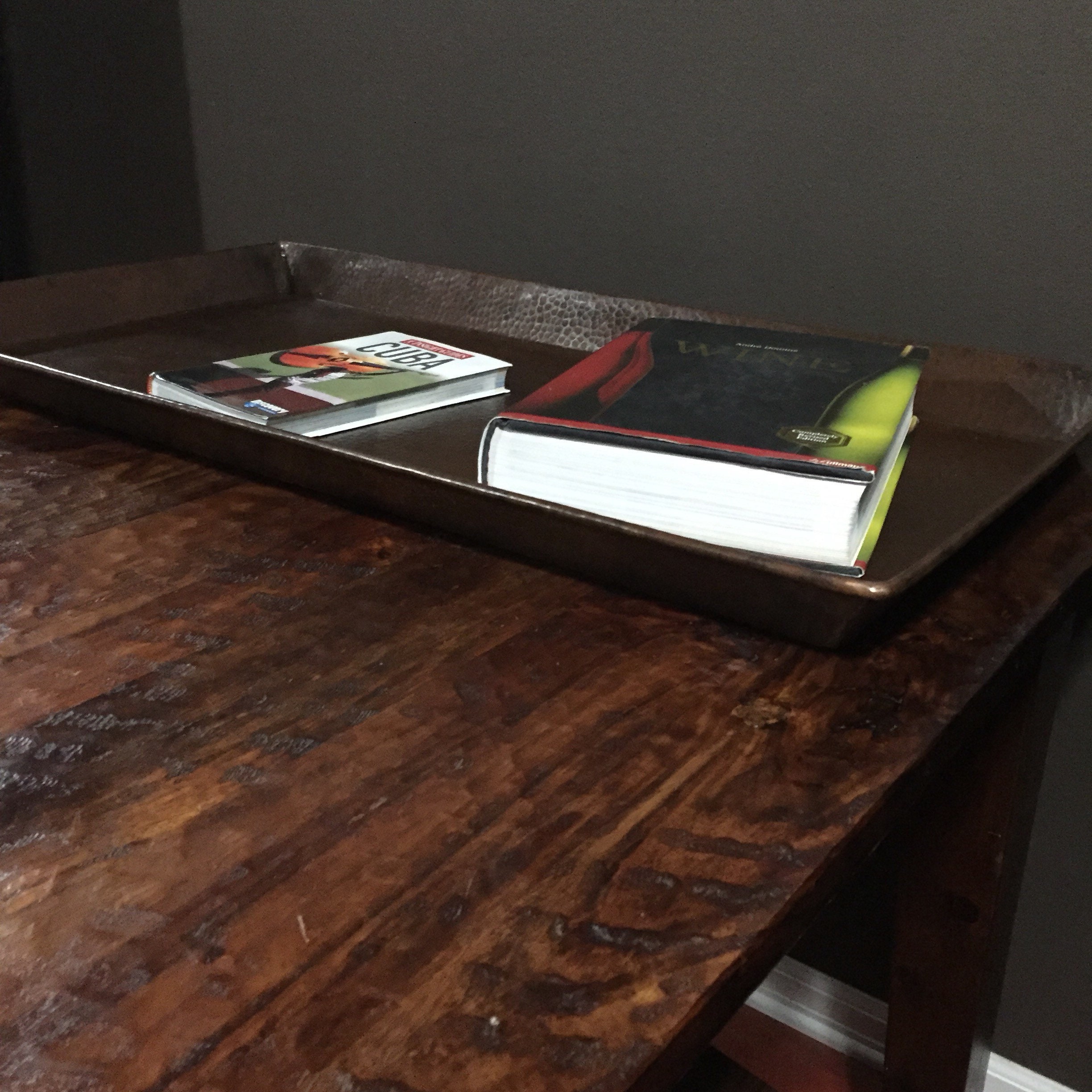 Large rectangular hammered copper tray handcrafted coffee table tray