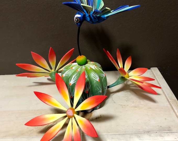 Handcrafted Alebrije Flowering Cactus with Hummingbird Woodcarving from Oaxaca, Mexico