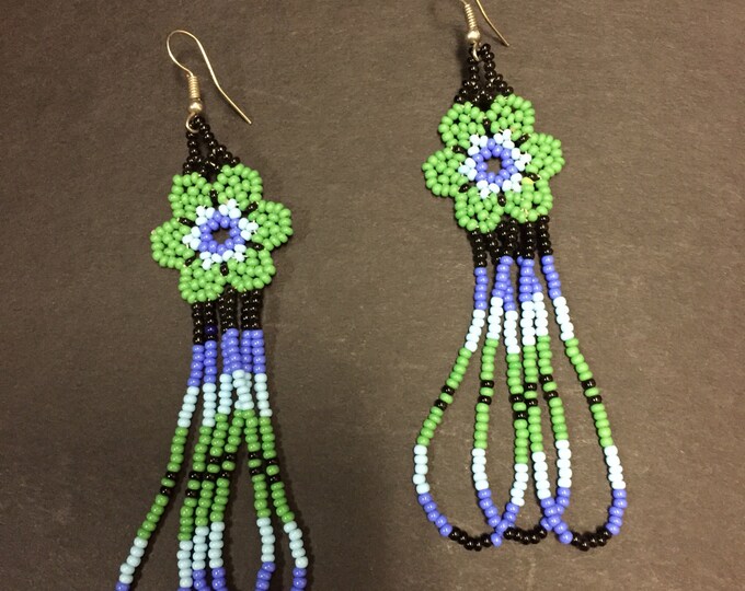 Huichol Beaded Earrings - Blue & Green Peyote design - approx. 3" long