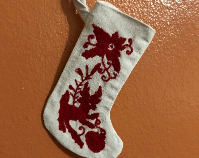 Hand embroidered Otomi Mini Stocking with Red Embroidery from Hidalgo, Mexico.