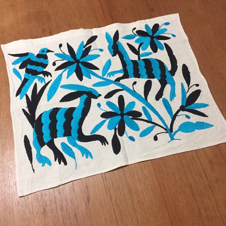 Turquoise and Black approx. 17 x 13 Hand embroidered Otom\u00ed placemat frame-able art