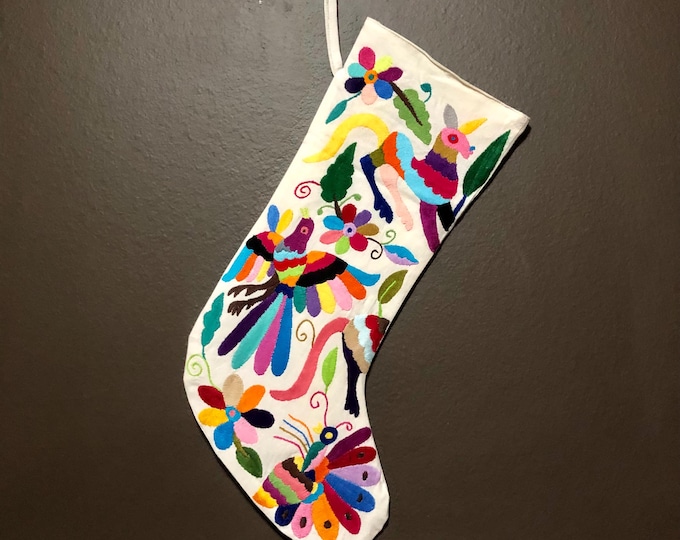 Hand Embroidered Otomi Large Christmas Stocking with Multicolor Embroidery from Hidalgo, Mexico (Off-White Cotton)