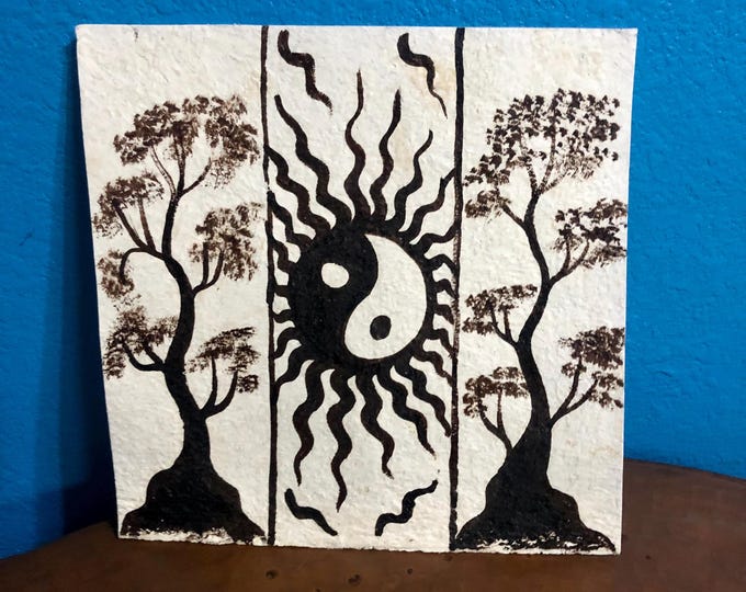 Handmade Amate Paper Wall Art with Trees, Sun and Yin/Yang from Mexico