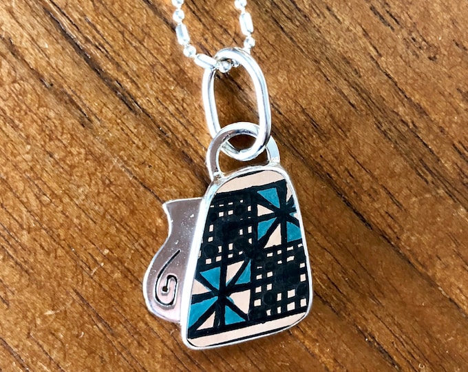 One of a Kind Mata Ortiz Sterling Silver Pendant - inique indigenous ceramic pottery shard set in a .950 pure silver bezel