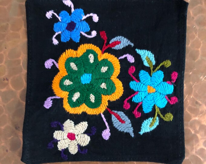 Otomi hand embroidered muslin coaster/cocktail napkin/frame-able art with multicolor flower design approx.  (4.5” x 4.5”)