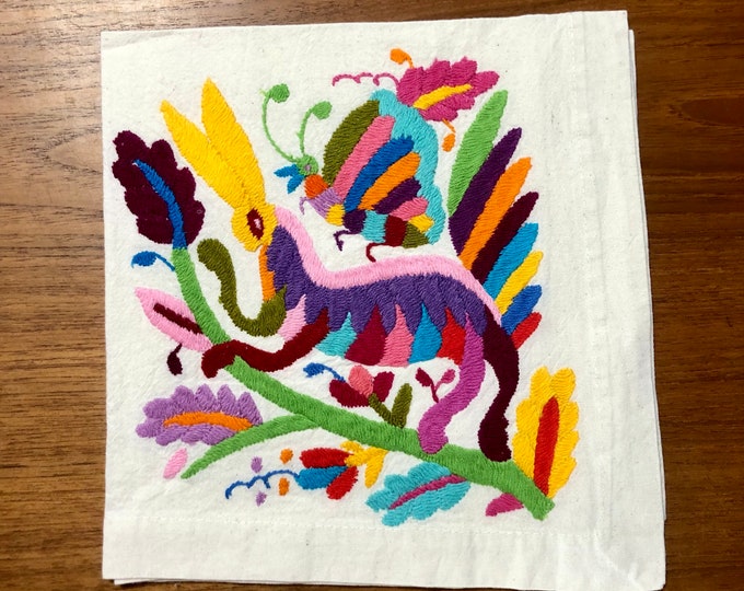 Otomi hand embroidered 19" x 19" muslin napkin - with spirit animal - multi-colored