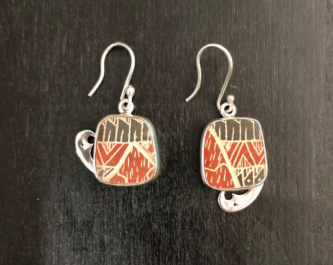 One of a Kind Mata Ortiz Silver Earrings - unique pottery shards set in .950 pure silver handcrafted settings