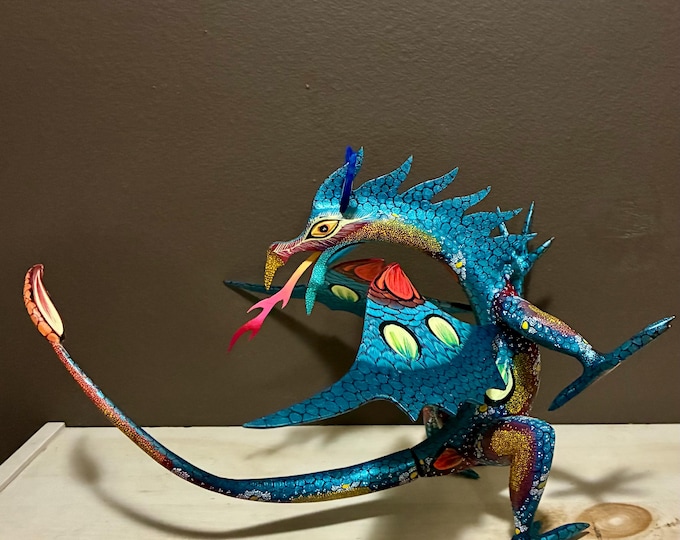 Large Hand Carved Wood Alebrije Turquoise Dragon by Roberto and Esperanza Martinez