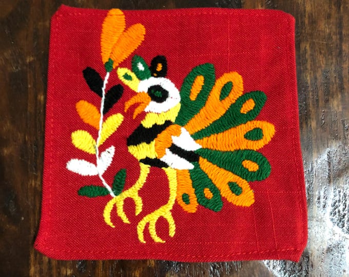 Otomi hand embroidered muslin coaster/cocktail napkin/frame-able art with multicolor bird design approx.  (4.5” x 4.5”)