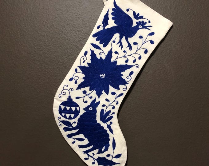 Hand Embroidered (Off White Cotton) Otomi Large Christmas Stocking with Indigo Blue Embroidery from Hidalgo, Mexico