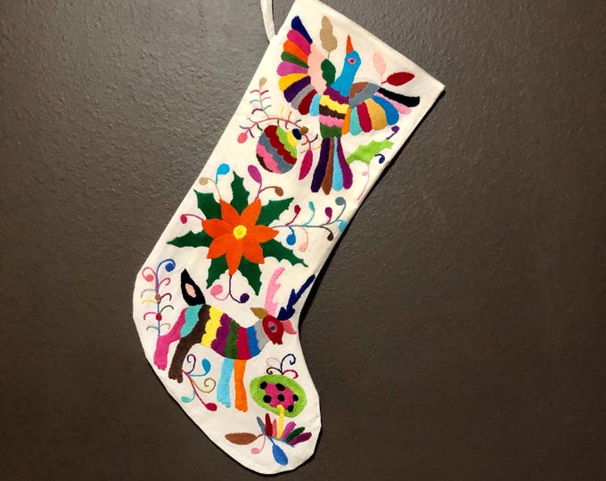 Hand Embroidered Otomi Large Christmas Stocking with Multicolor Embroidery from Hidalgo, Mexico (Off-White Cotton)