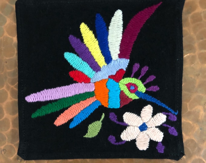 Otomi hand embroidered muslin coaster/cocktail napkin/frame-able art with multicolor bird design approx.  (4.5” x 4.5”)