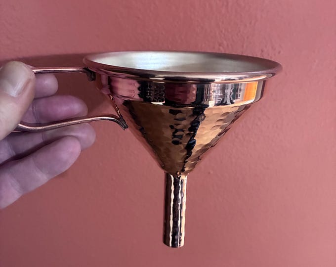 Handcrafted Hammered Copper Funnel (4”) with Handle and Silver Lined Interior