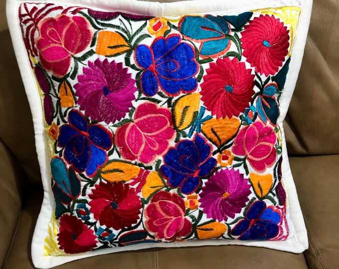 Hand Woven Pillow Cover with Multi-color Embroidery (approx. 19" x 19")