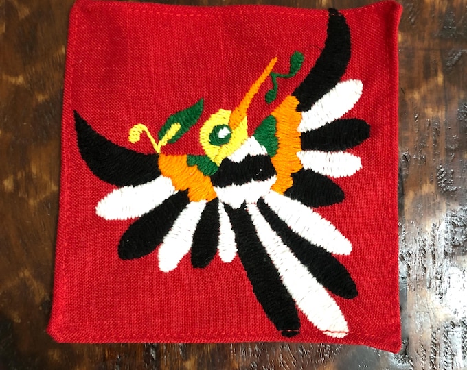 Otomi hand embroidered muslin coaster/cocktail napkin/frame-able art with multicolor bird design approx.  (4.5” x 4.5”)
