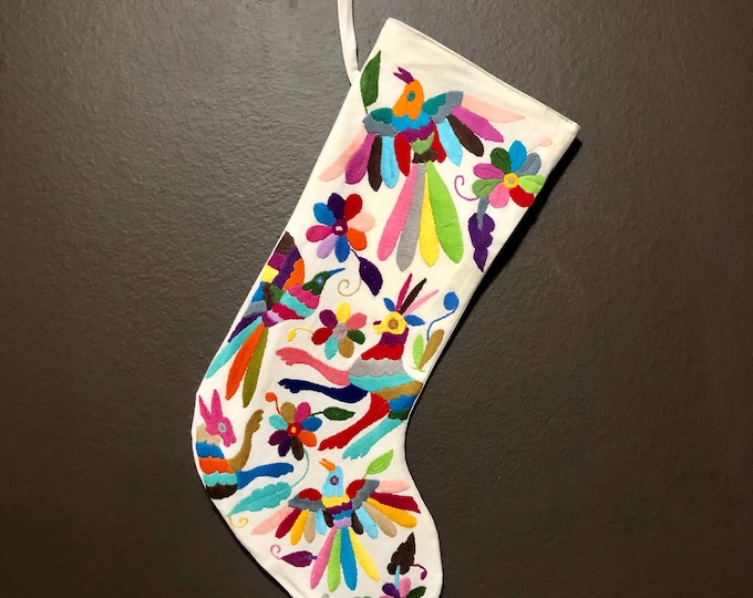 Hand Embroidered Otomi Large Christmas Stocking with Multicolor Embroidery from Hidalgo, Mexico (Off-White Cotton)