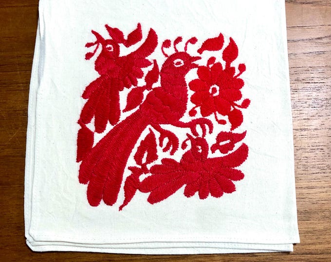 Otomi hand embroidered approx. 17” x 17" muslin napkin - with red birds
