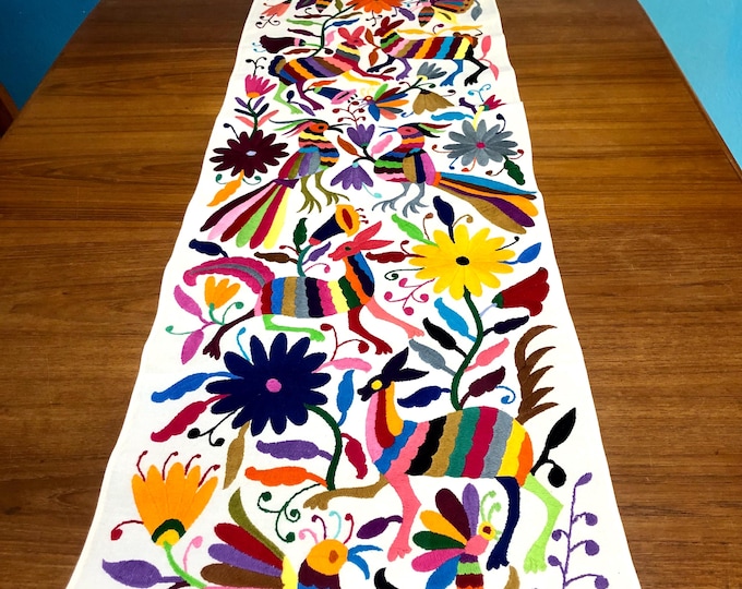 Hand Embroidered Otomi Table Runner: Mexican Folk Art Bed Scarf (74” x 17”)