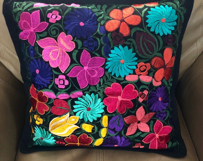 Hand Woven Pillow Cover with Multi-color Embroidery (approx. 19.5” x 19")