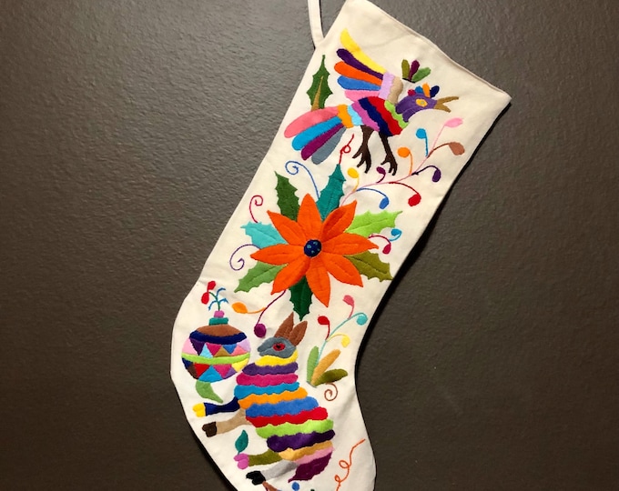 Hand Embroidered Otomi Christmas Stocking: Multicolor Mexican Folk Art