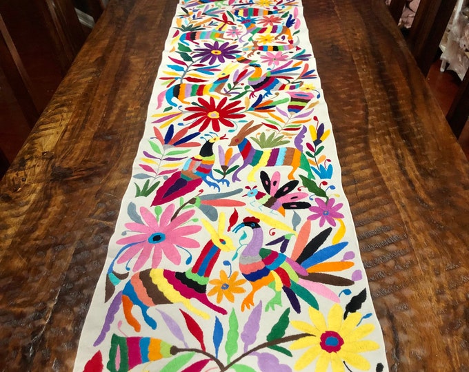 Otomi Hand Embroidered Table Runner /Bed Scarf /  Frame-able Art with Multi-color Embroidery (approx. 73" x 16.5")