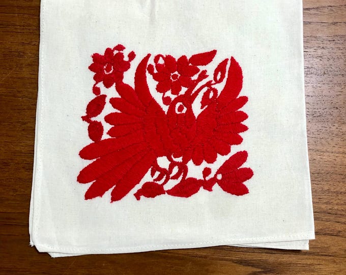 Otomi hand embroidered approx. 17” x 17" muslin napkin - with red bird