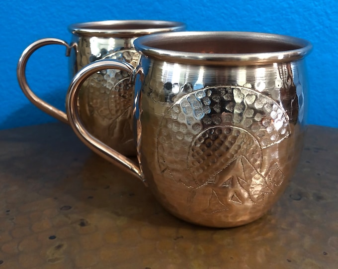2-pack of 16oz Moscow Mule Hammered Copper Barrel Mug with Colorado C and mountains engraving