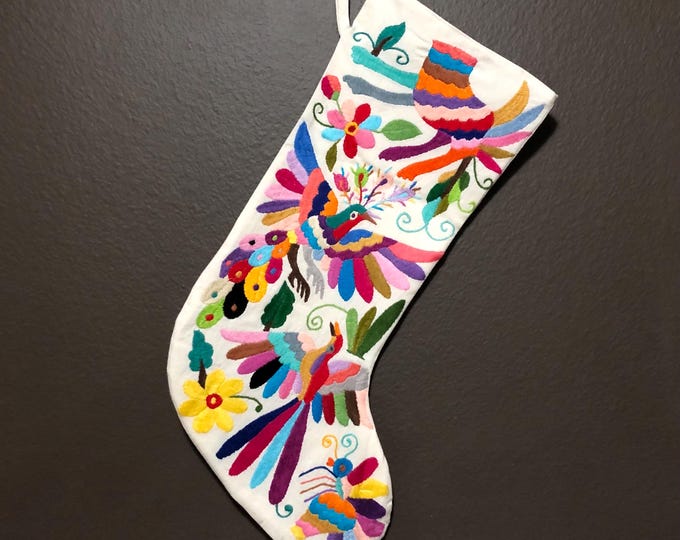 Hand Embroidered Otomi Large Christmas Stocking with Multicolor Embroidery from Hidalgo, Mexico (Off-White Cotton)