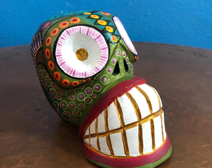 Alebrije Calavera Skull Handcrafted Wood Carving by Luis Garcia from Oaxaca, Mexico.