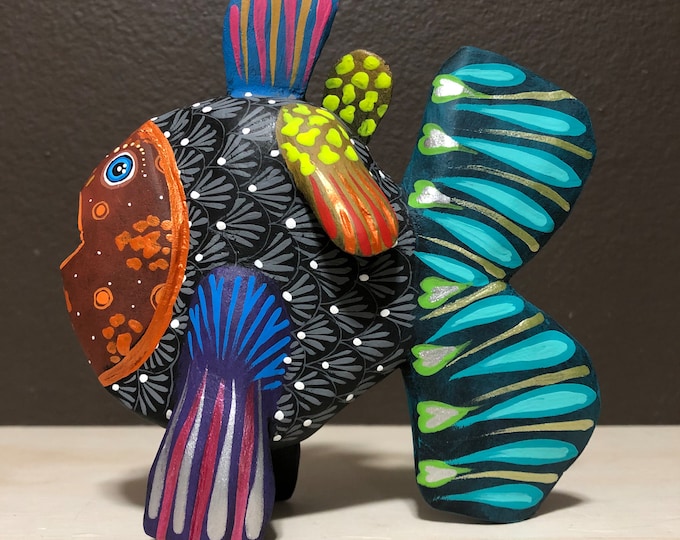 Alebrije Fish Handcrafted Wood Carving by Taller Zeny Fuentes hand painted by Michelle Fuentes from Oaxaca, Mexico.